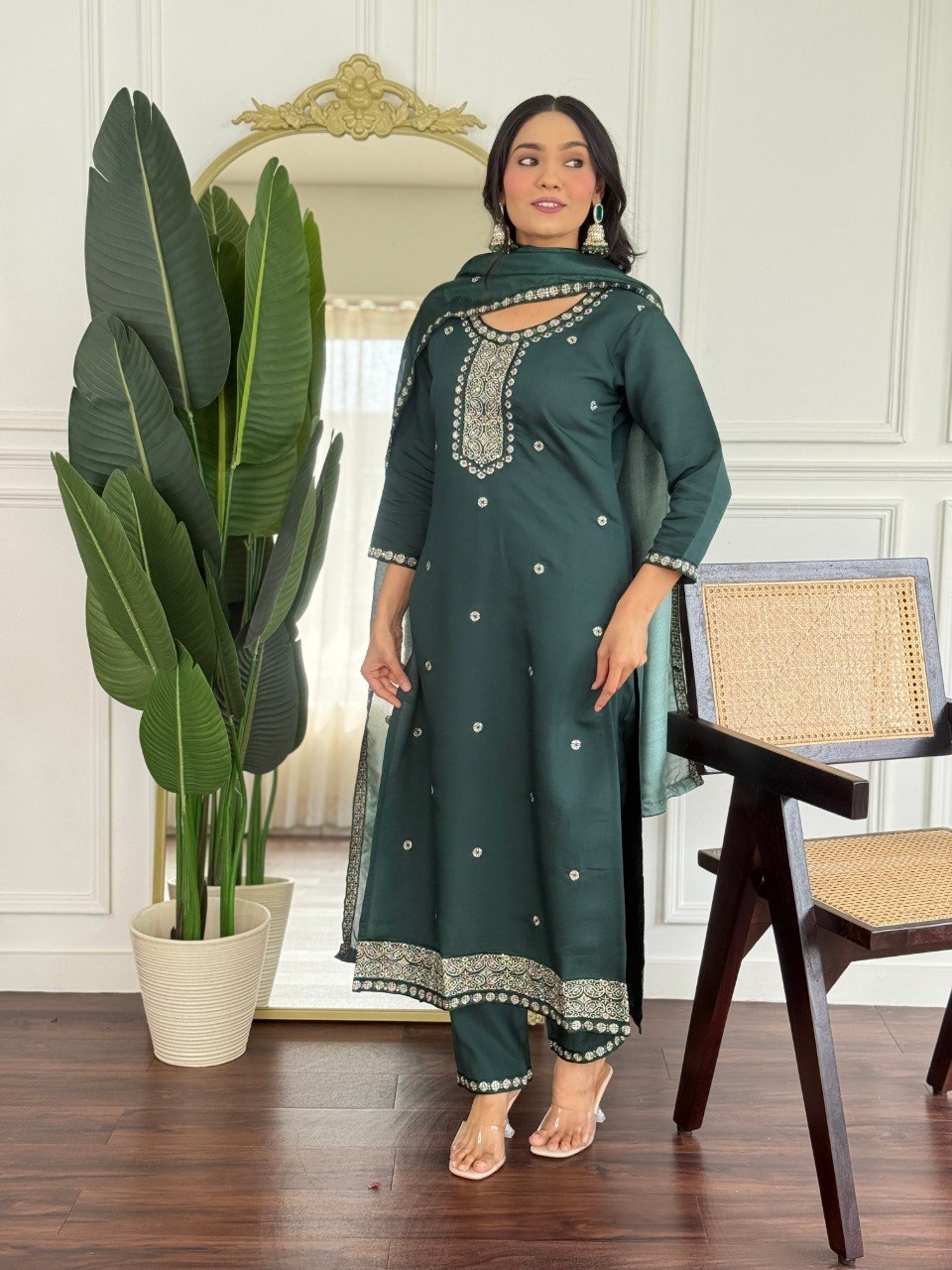 Women's Embroidered PV Chanderi Kurta Pant Set with Silk Dupatta