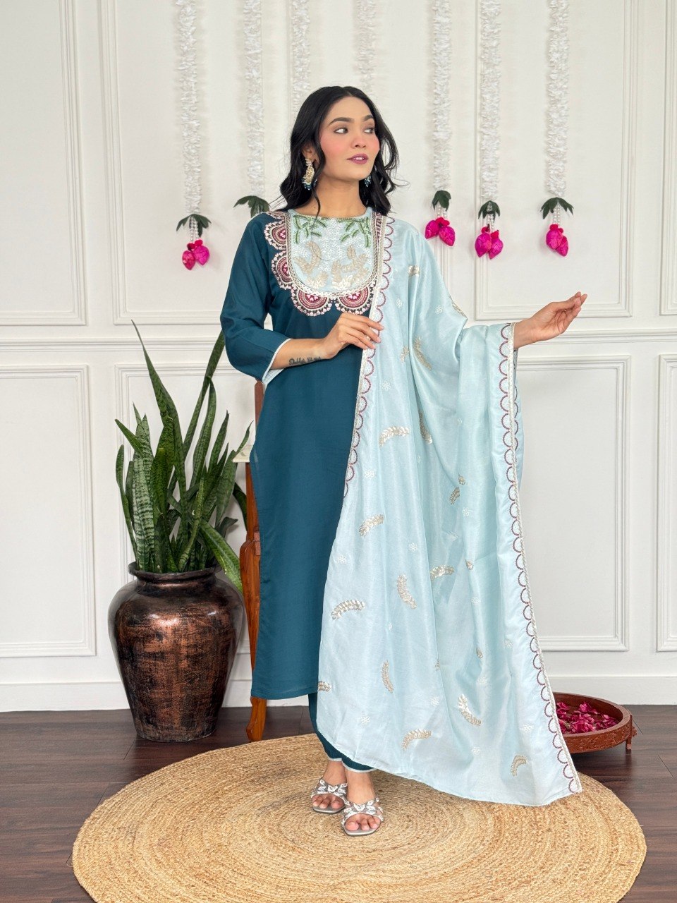 Women's Embroidered PV Chanderi Kurta Pant Set with Silk Dupatta