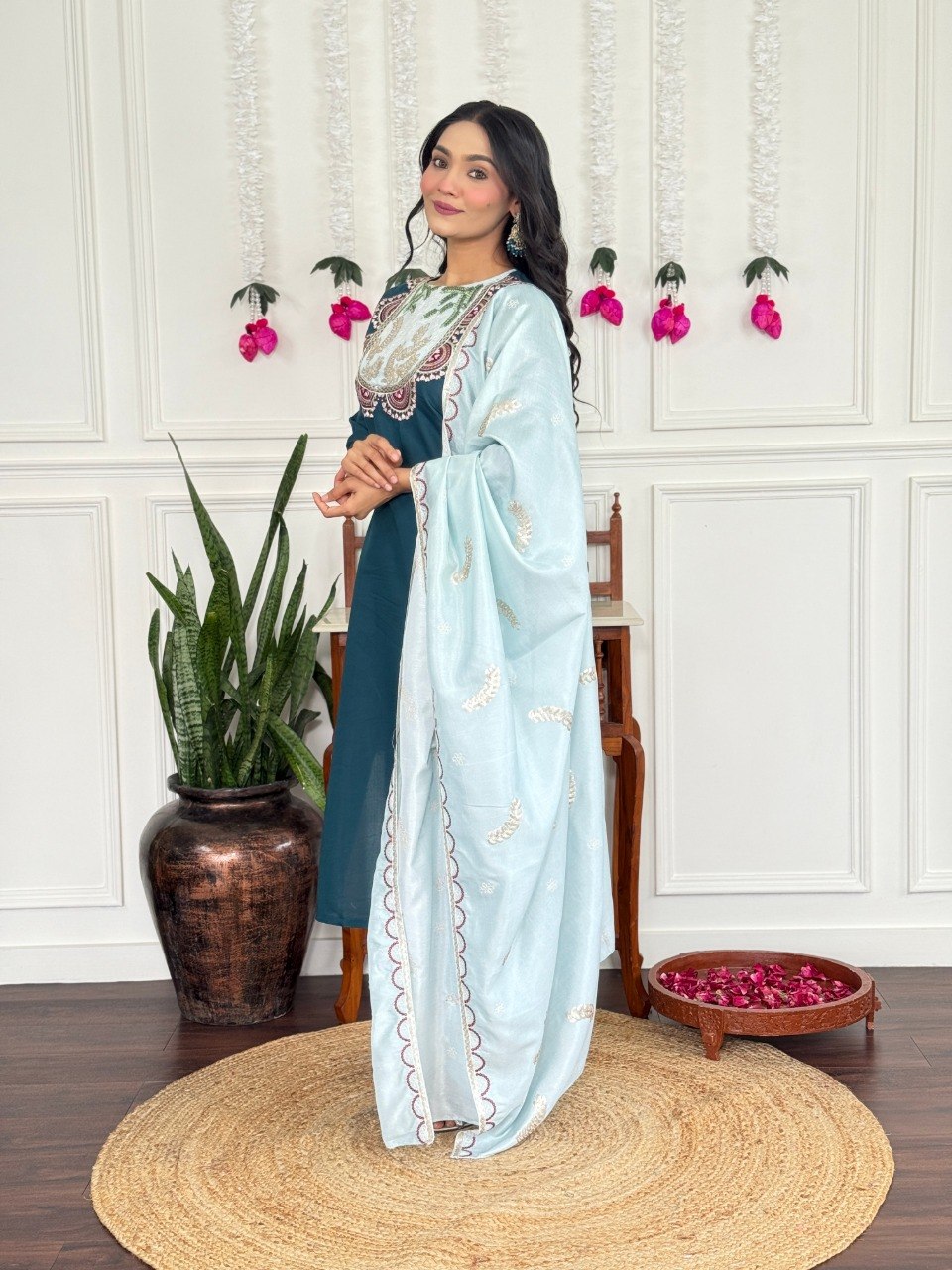 Women's Embroidered PV Chanderi Kurta Pant Set with Silk Dupatta