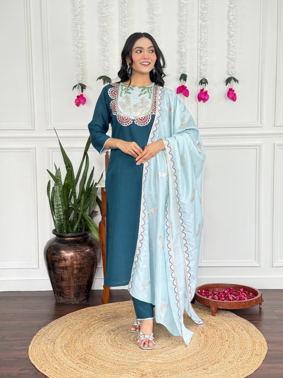 Women's Embroidered PV Chanderi Kurta Pant Set with Silk Dupatta