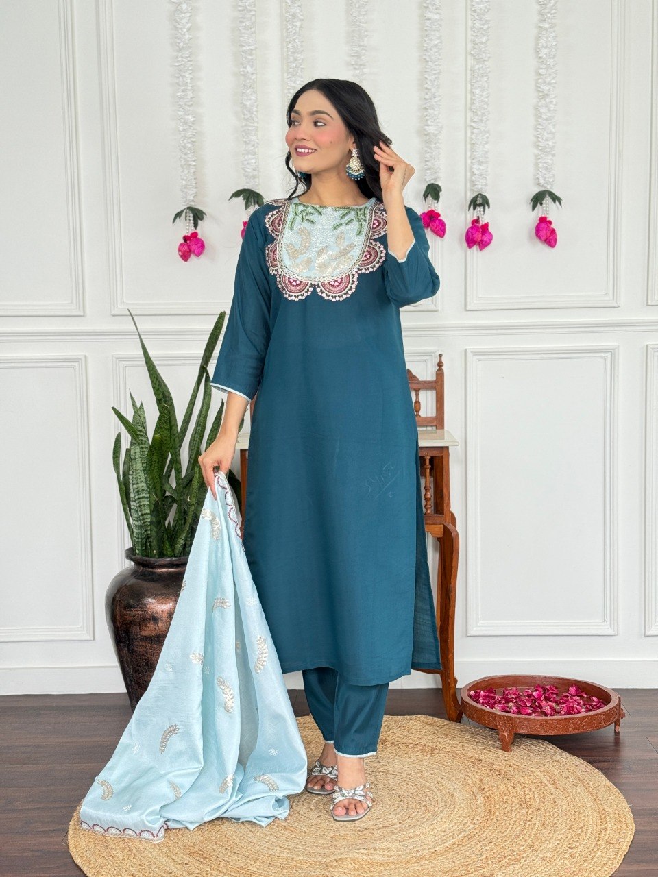 Women's Embroidered PV Chanderi Kurta Pant Set with Silk Dupatta
