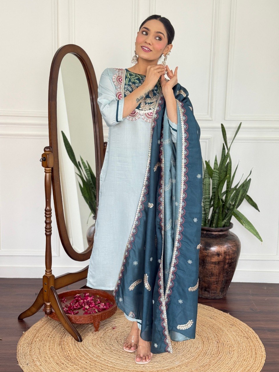 Women's Embroidered PV Chanderi Kurta Pant Set with Silk Dupatta