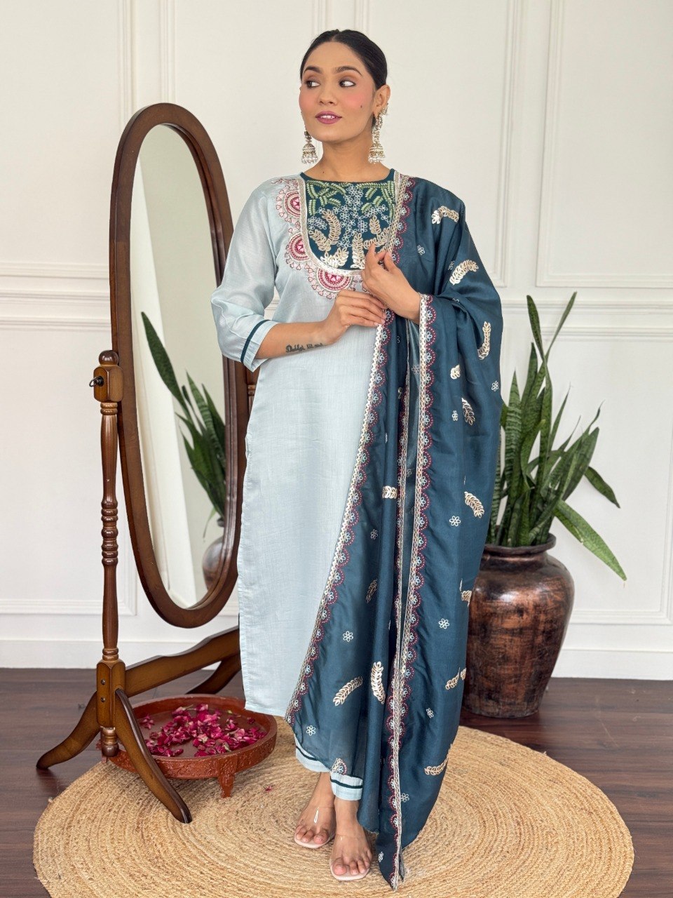 Women's Embroidered PV Chanderi Kurta Pant Set with Silk Dupatta