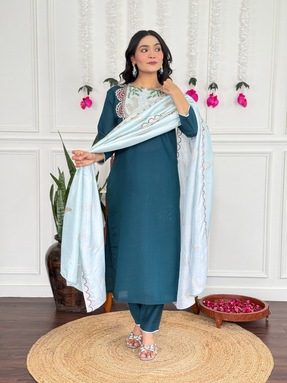 Women's Embroidered PV Chanderi Kurta Pant Set with Silk Dupatta
