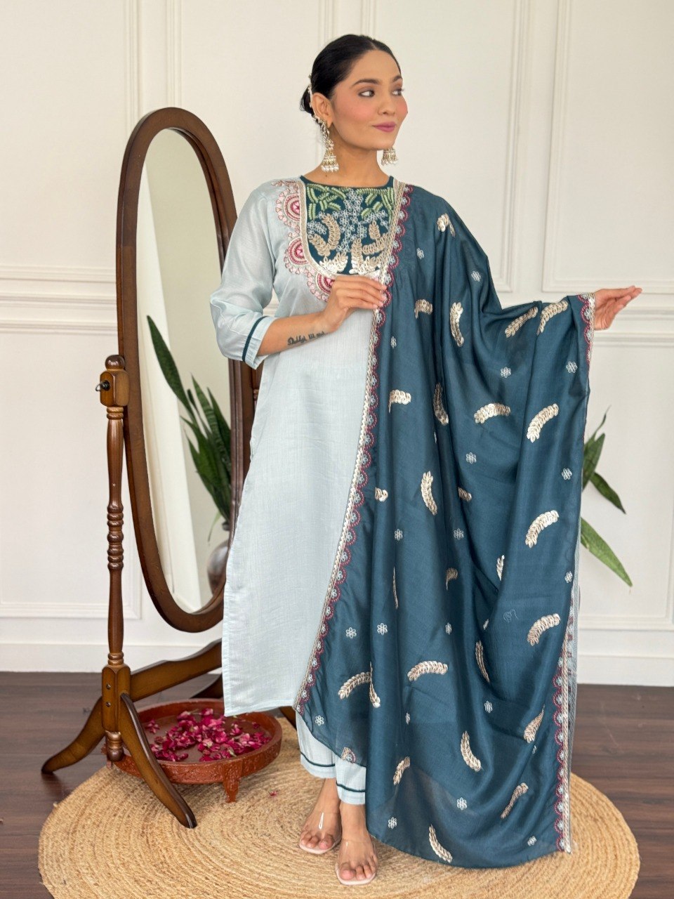 Women's Embroidered PV Chanderi Kurta Pant Set with Silk Dupatta