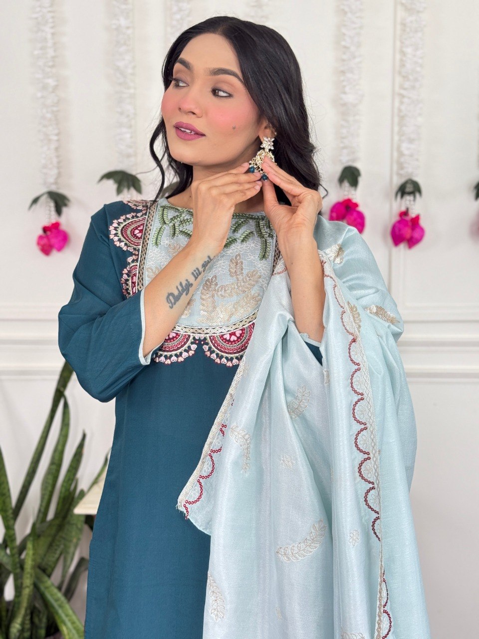 Women's Embroidered PV Chanderi Kurta Pant Set with Silk Dupatta