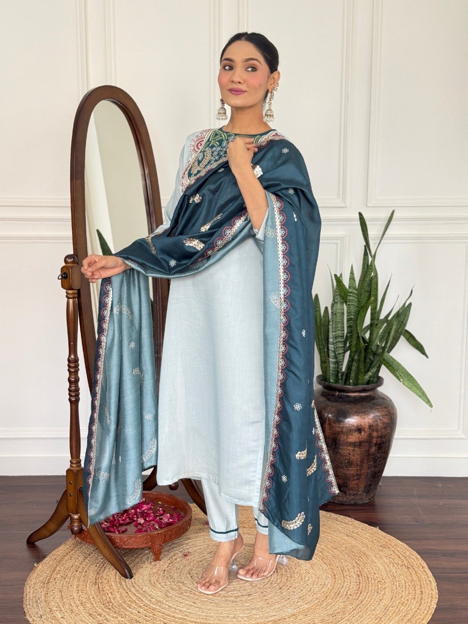 Women's Embroidered PV Chanderi Kurta Pant Set with Silk Dupatta