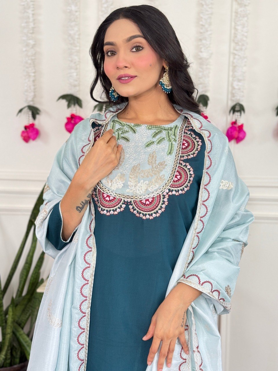 Women's Embroidered PV Chanderi Kurta Pant Set with Silk Dupatta