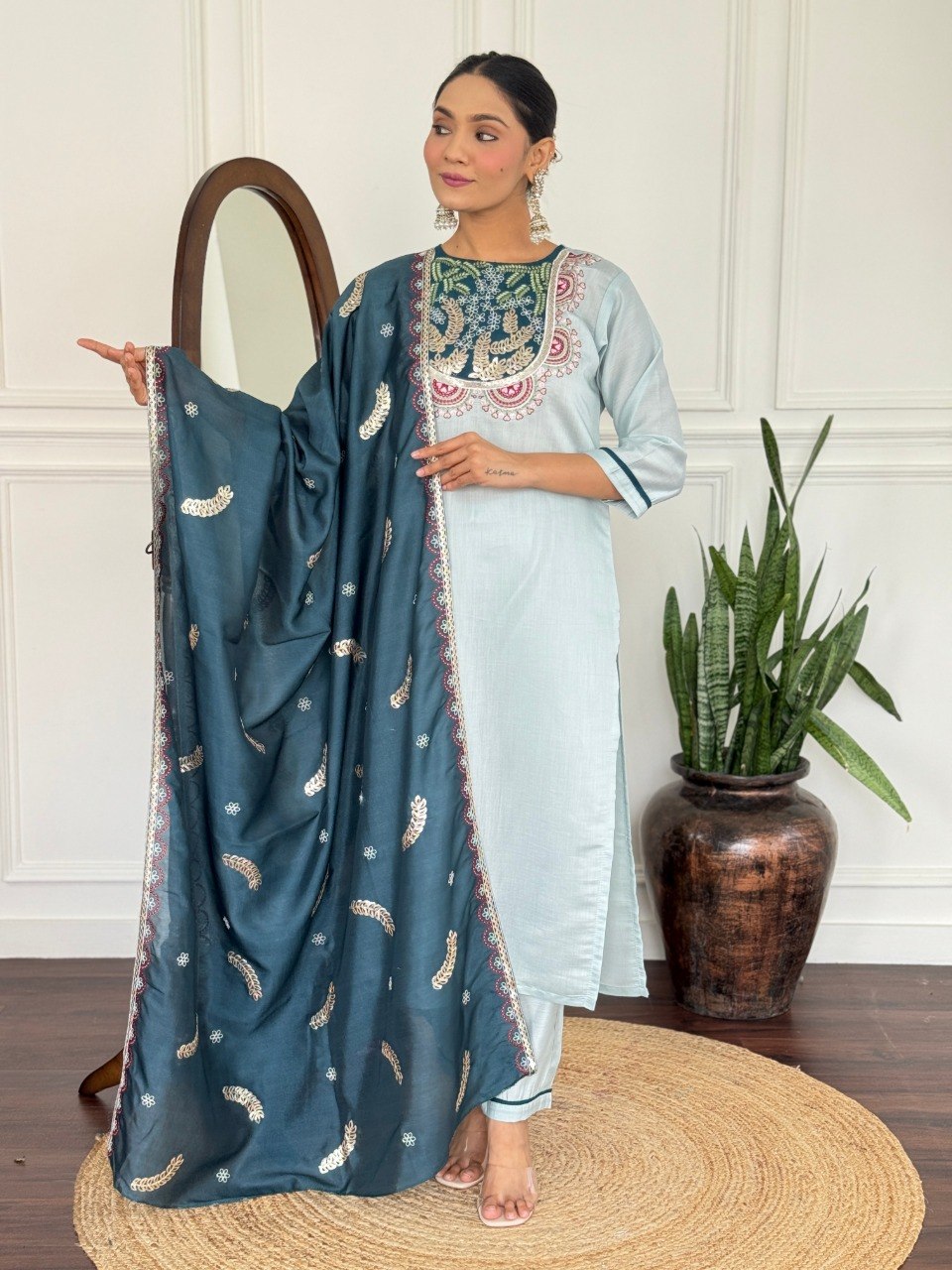 Women's Embroidered PV Chanderi Kurta Pant Set with Silk Dupatta
