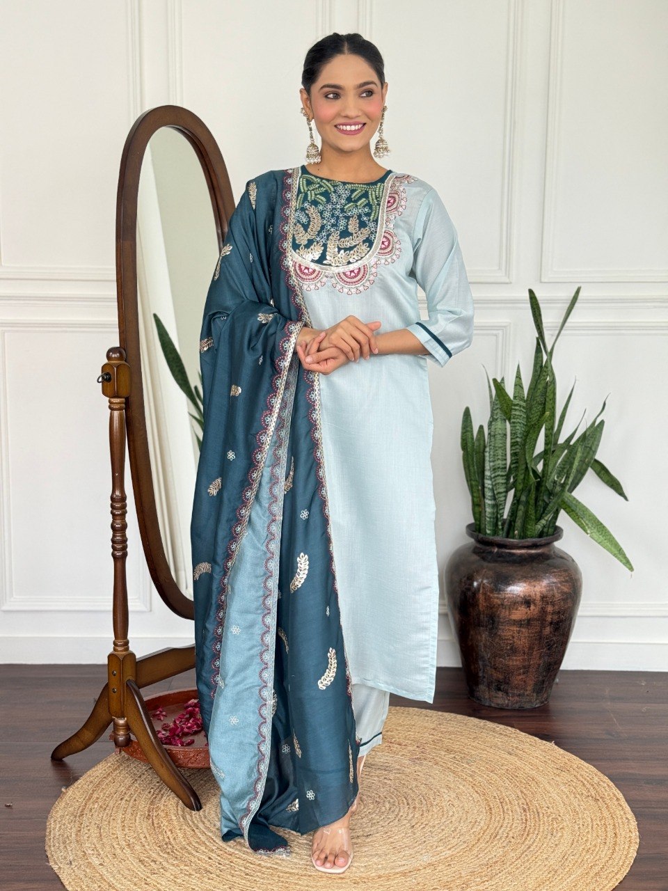 Women's Embroidered PV Chanderi Kurta Pant Set with Silk Dupatta