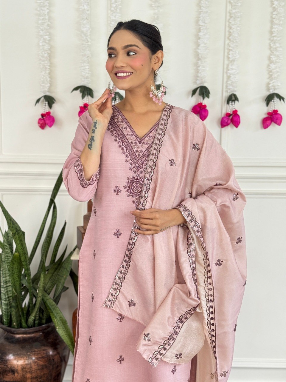 Women's Embroidered PV Chanderi Kurta Pant Set with Silk Dupatta