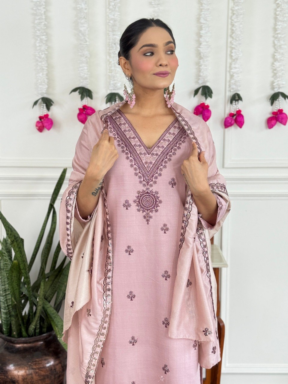 Women's Embroidered PV Chanderi Kurta Pant Set with Silk Dupatta