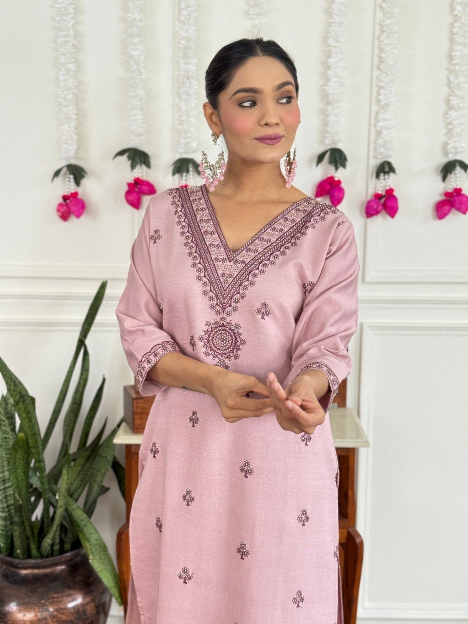 Women's Embroidered PV Chanderi Kurta Pant Set with Silk Dupatta