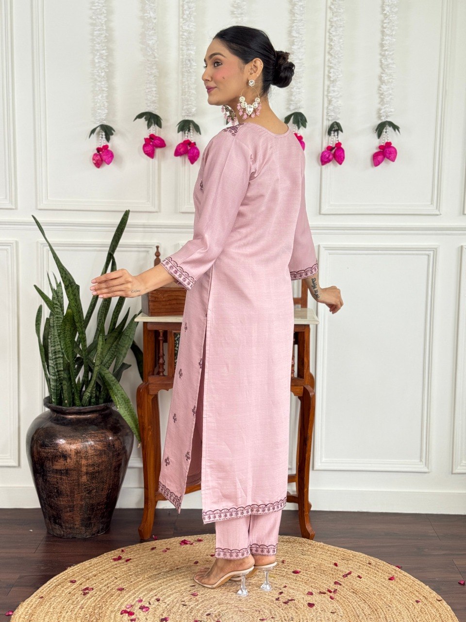 Women's Embroidered PV Chanderi Kurta Pant Set with Silk Dupatta