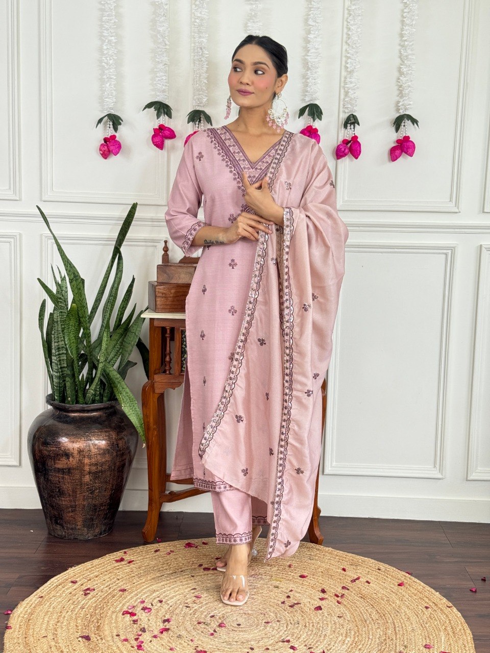 Women's Embroidered PV Chanderi Kurta Pant Set with Silk Dupatta