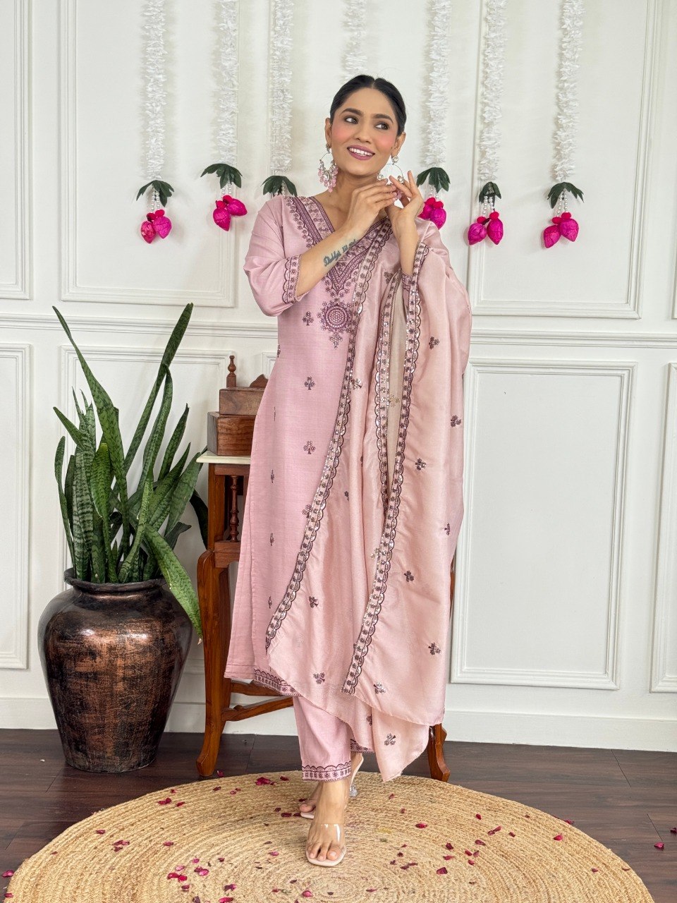 Women's Embroidered PV Chanderi Kurta Pant Set with Silk Dupatta