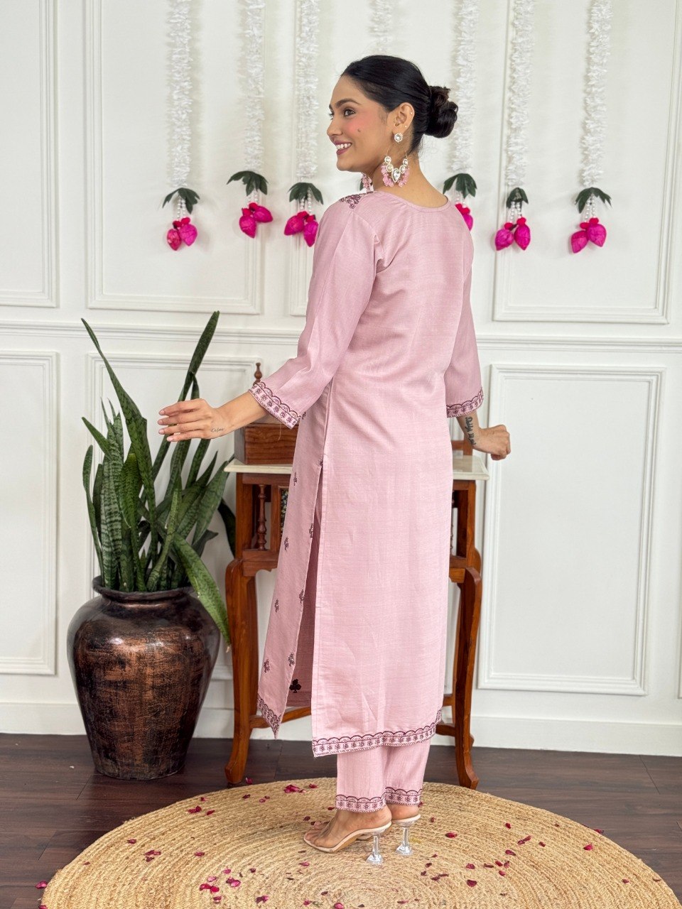 Women's Embroidered PV Chanderi Kurta Pant Set with Silk Dupatta