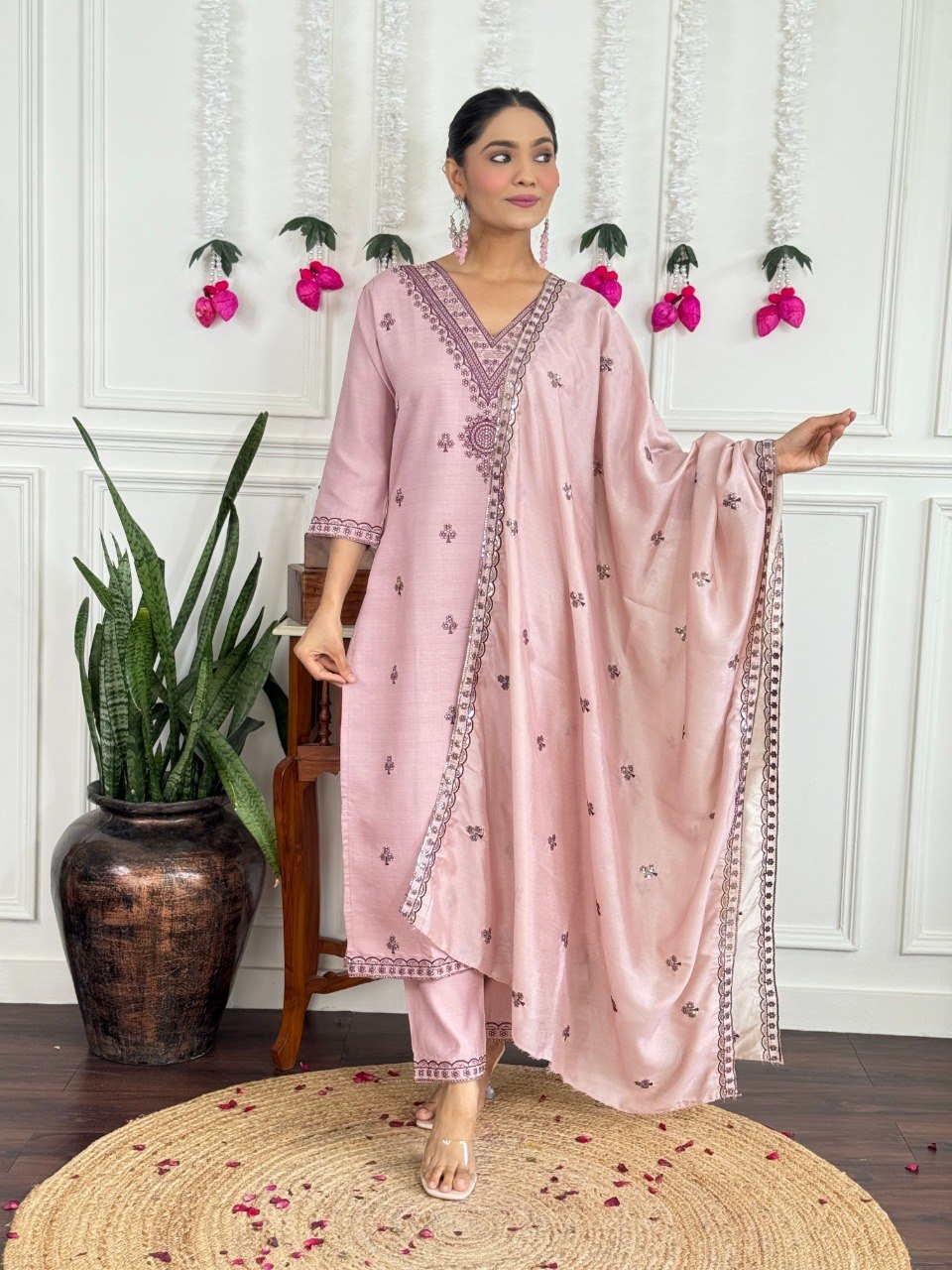 Women's Embroidered PV Chanderi Kurta Pant Set with Silk Dupatta