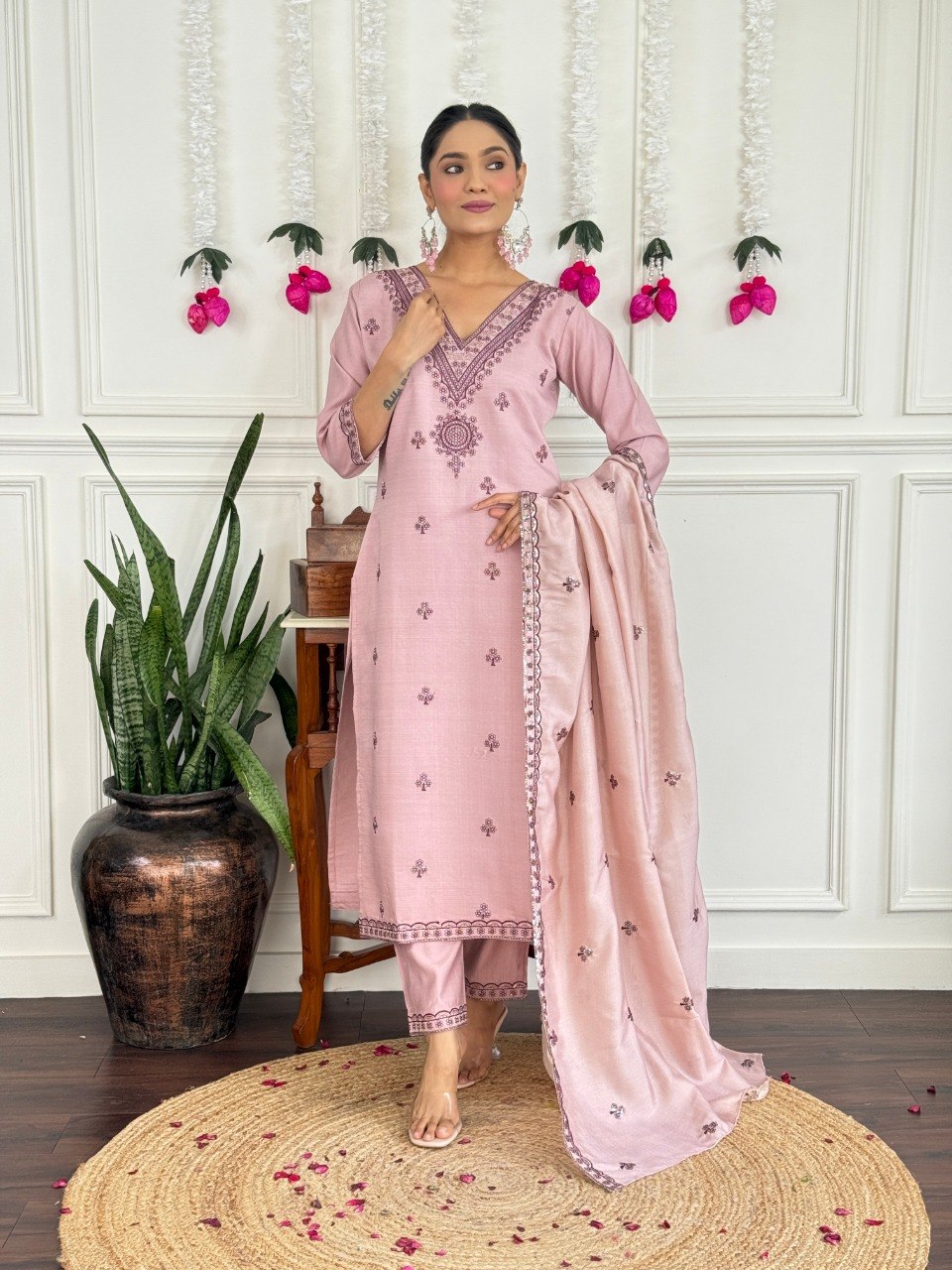 Women's Embroidered PV Chanderi Kurta Pant Set with Silk Dupatta