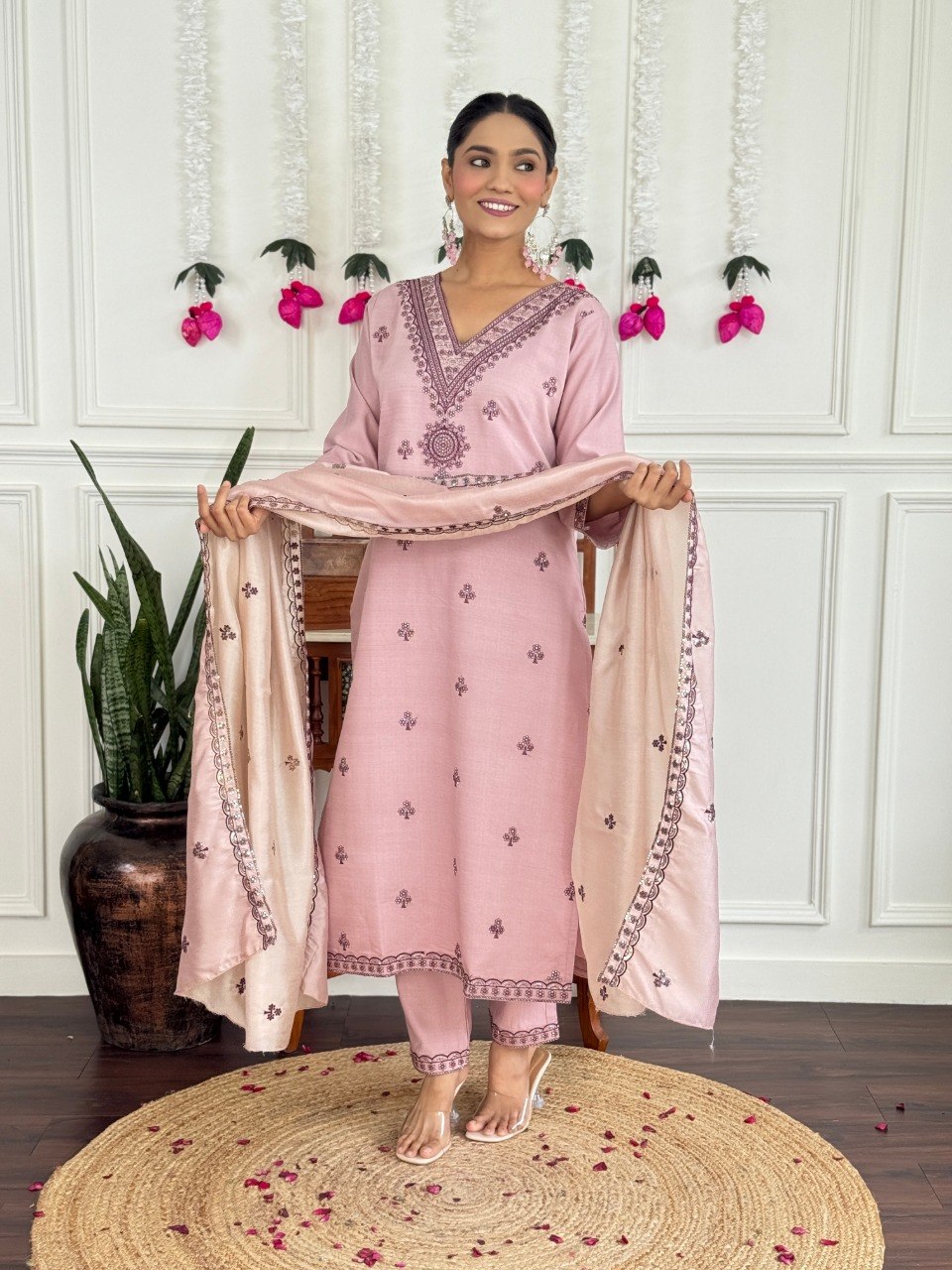 Women's Embroidered PV Chanderi Kurta Pant Set with Silk Dupatta
