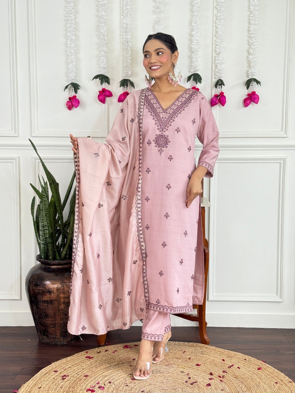 Women's Embroidered PV Chanderi Kurta Pant Set with Silk Dupatta