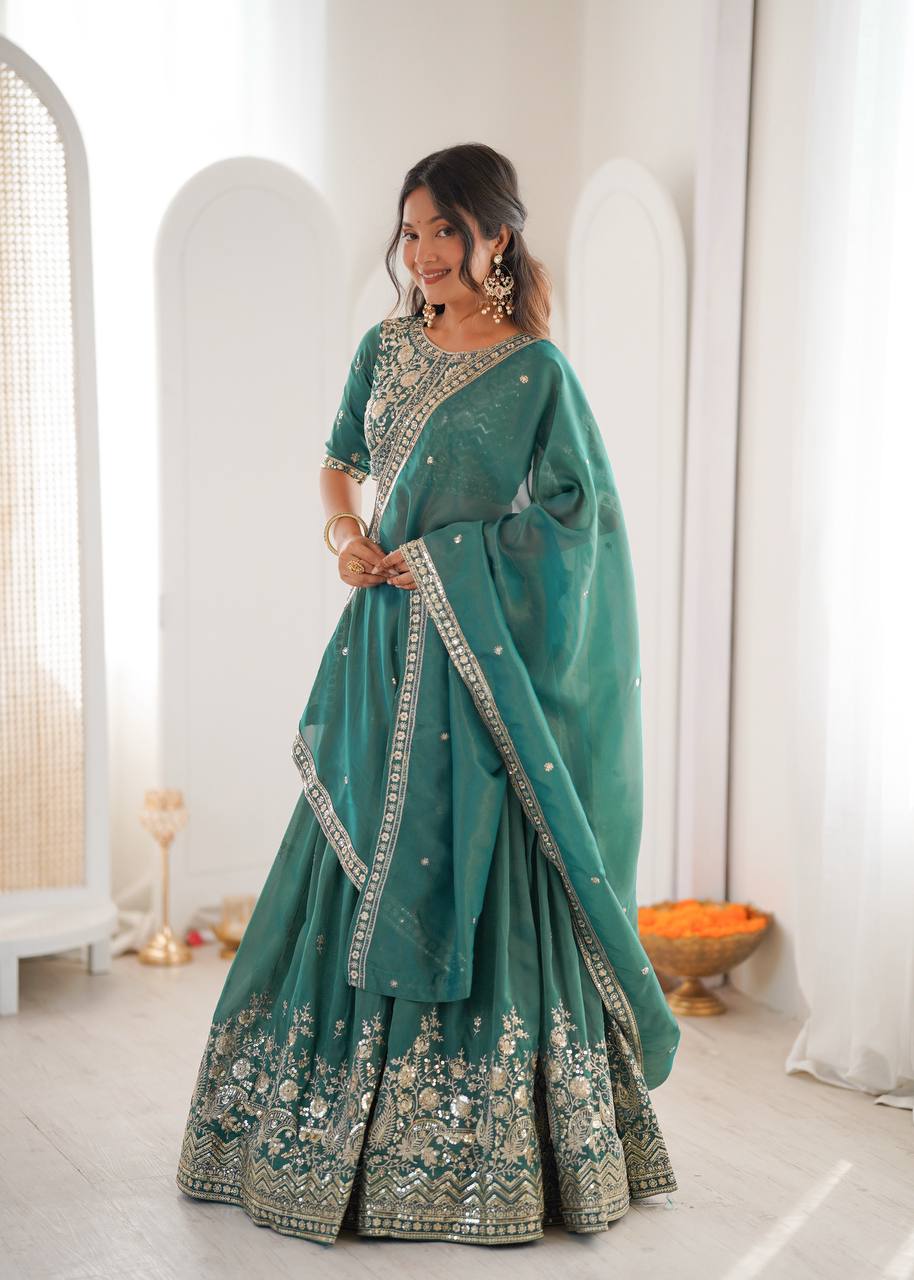 Women's Shimmer Silk Embroidered Lehenga Choli Set with Dupatta