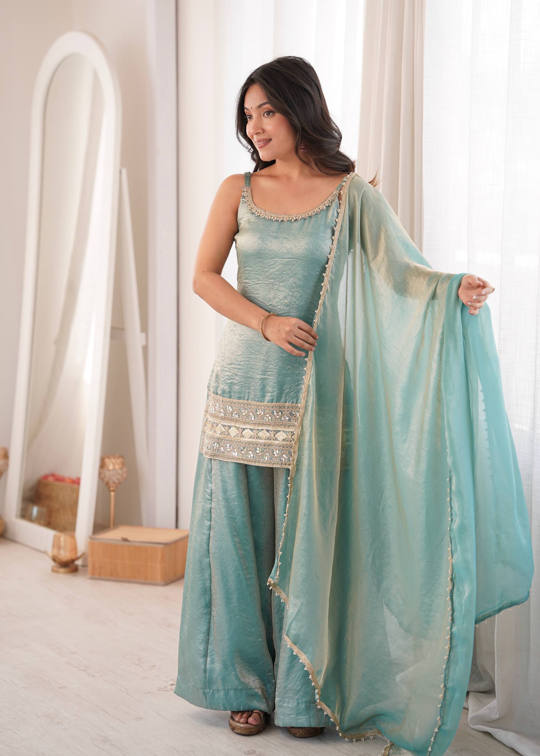 Premium Doremon Crush Mirror Work Embroidered Kurta Palazzo Dupatta Set for Women