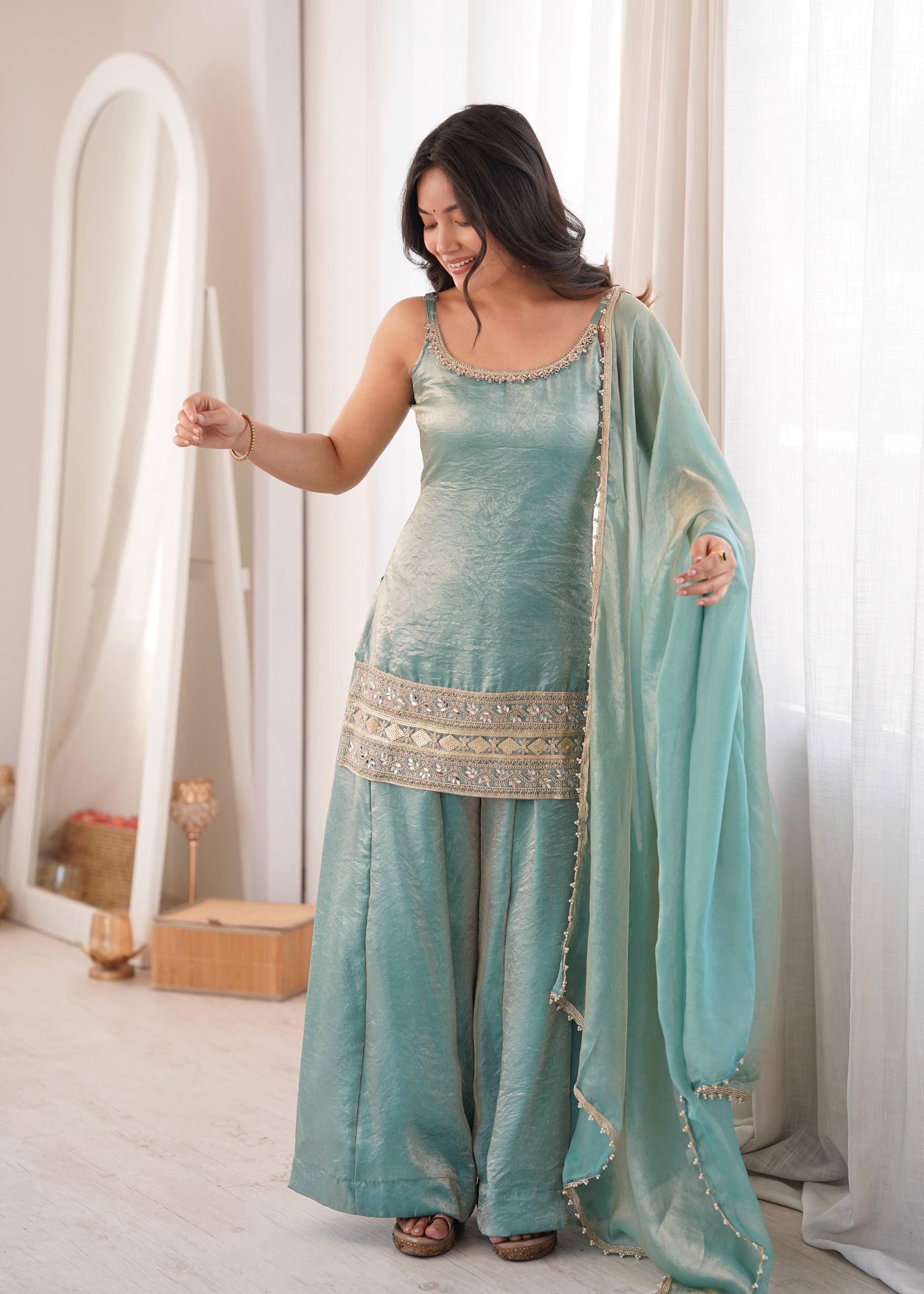 Premium Doremon Crush Mirror Work Embroidered Kurta Palazzo Dupatta Set for Women