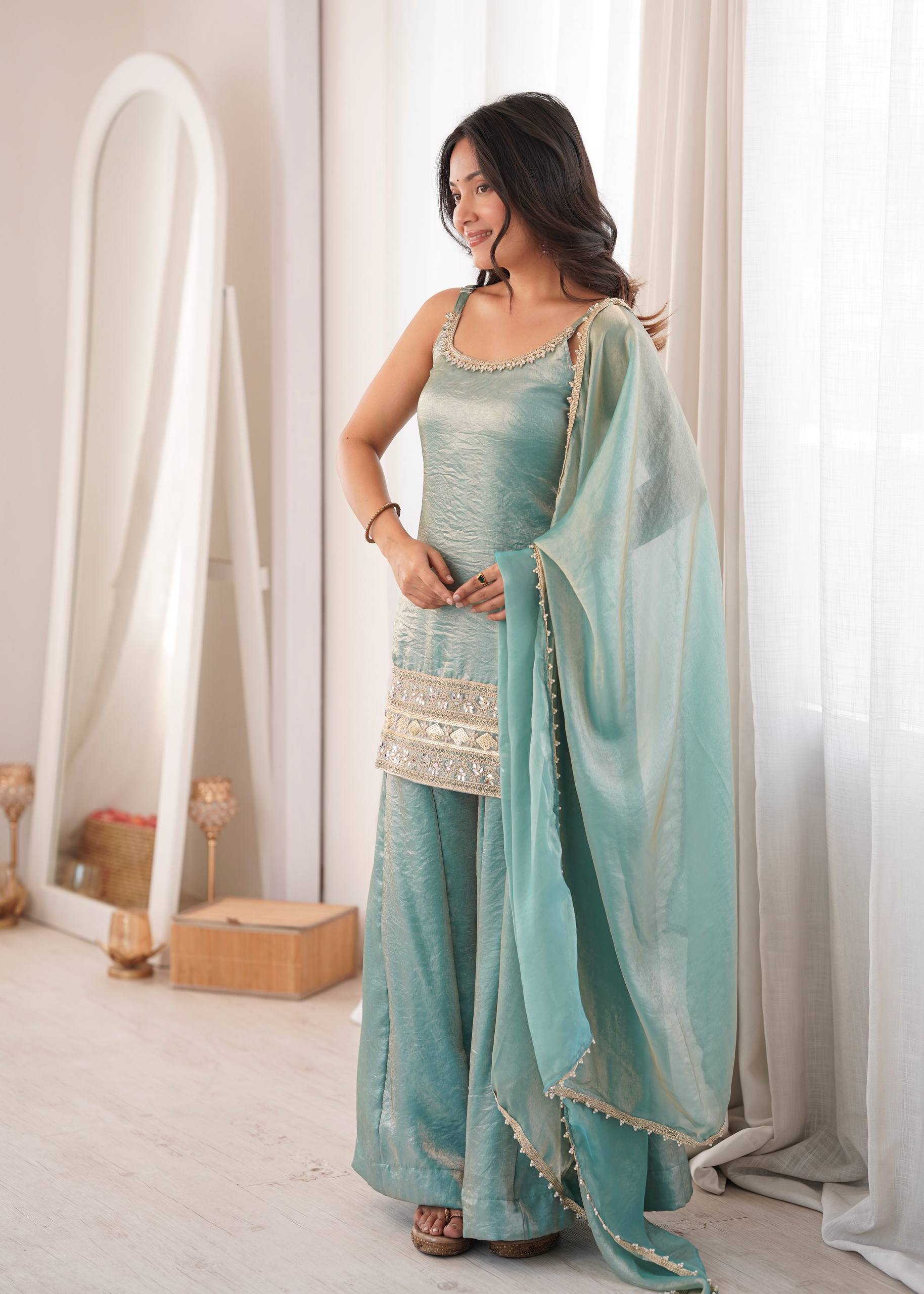 Premium Doremon Crush Mirror Work Embroidered Kurta Palazzo Dupatta Set for Women
