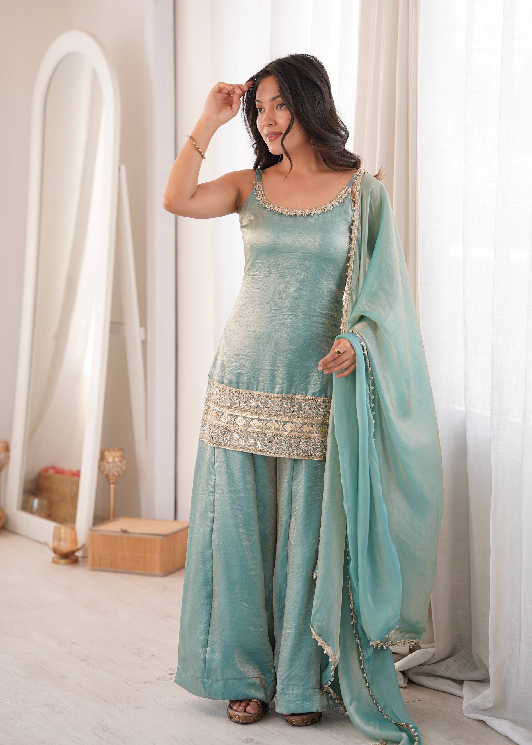 Premium Doremon Crush Mirror Work Embroidered Kurta Palazzo Dupatta Set for Women