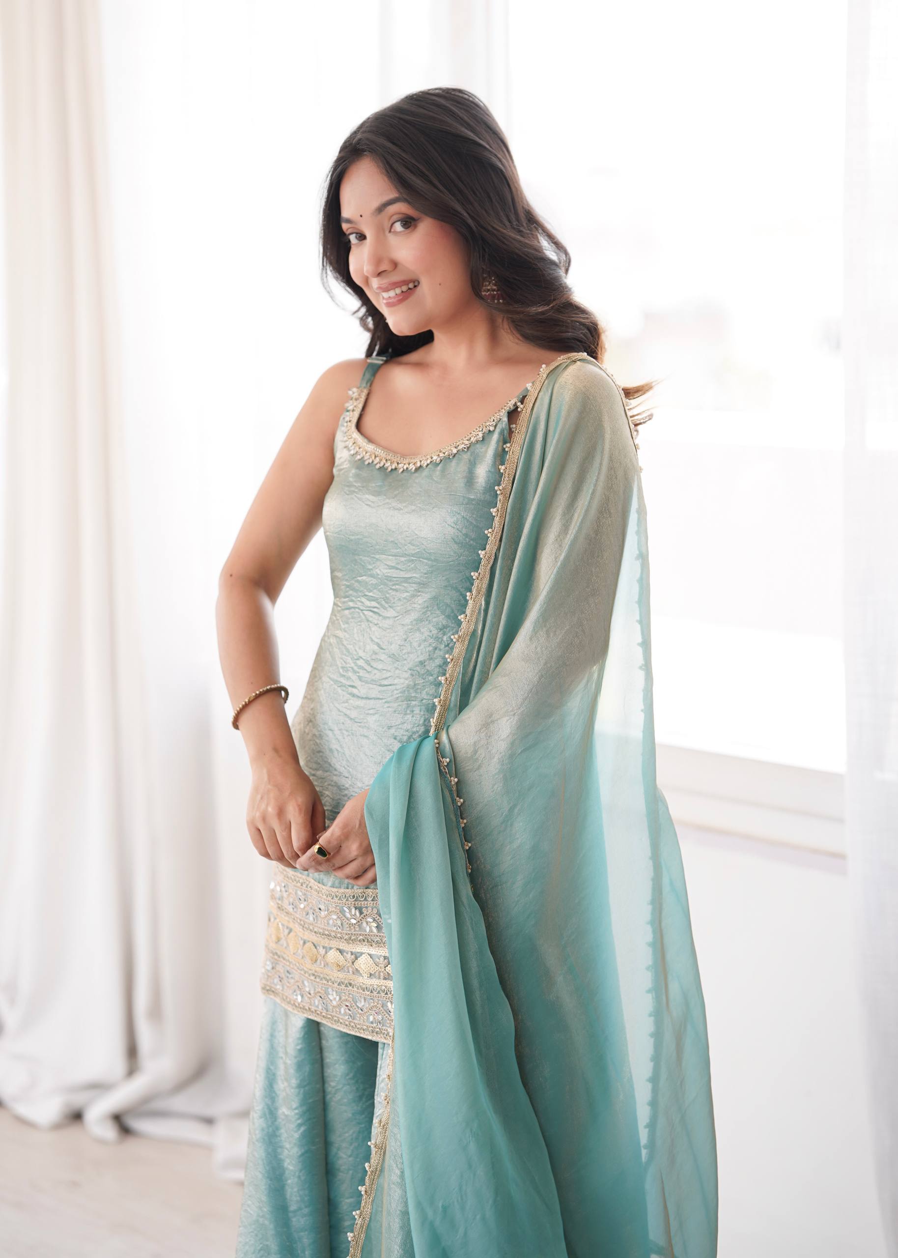 Premium Doremon Crush Mirror Work Embroidered Kurta Palazzo Dupatta Set for Women