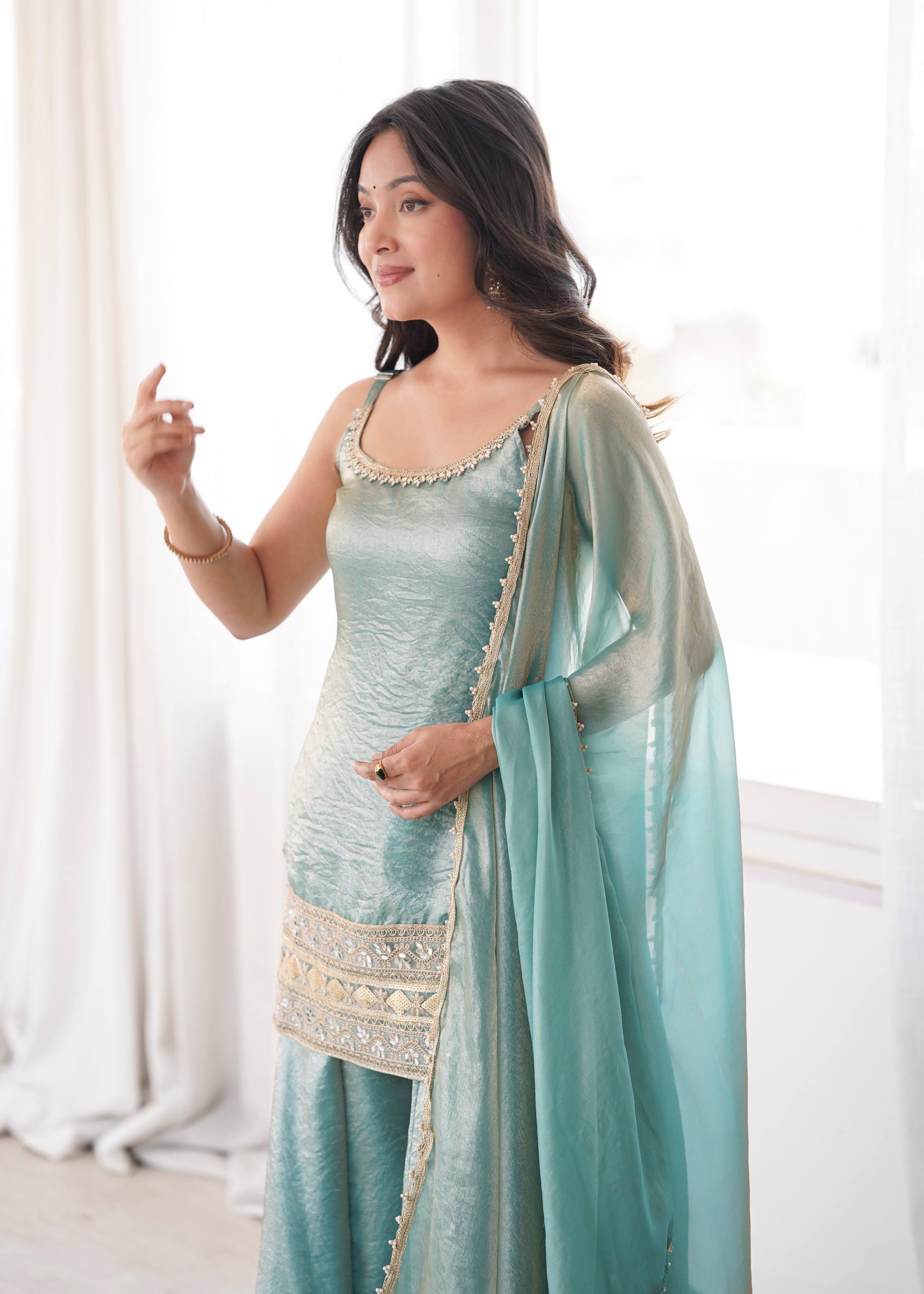 Premium Doremon Crush Mirror Work Embroidered Kurta Palazzo Dupatta Set for Women