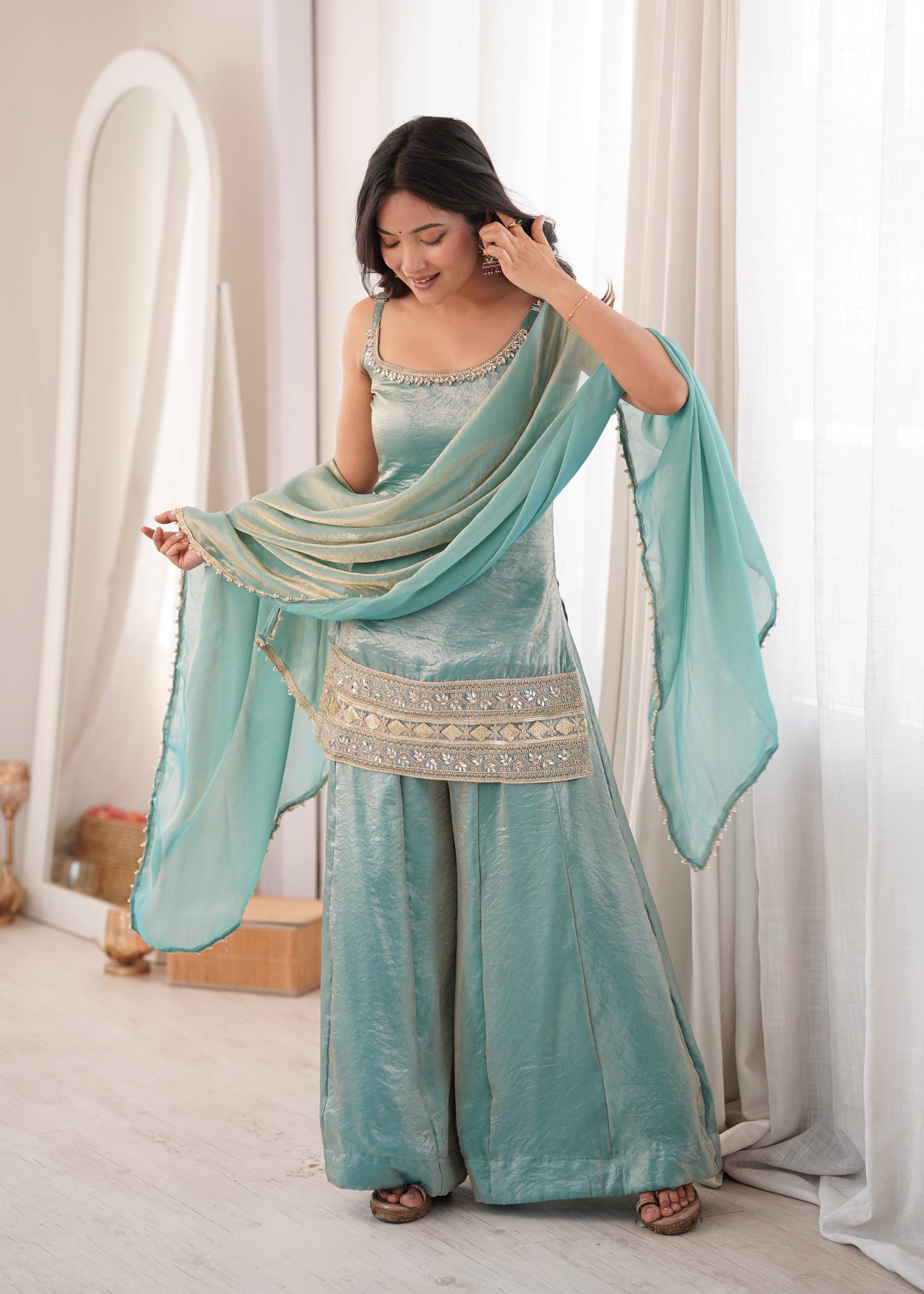 Premium Doremon Crush Mirror Work Embroidered Kurta Palazzo Dupatta Set for Women