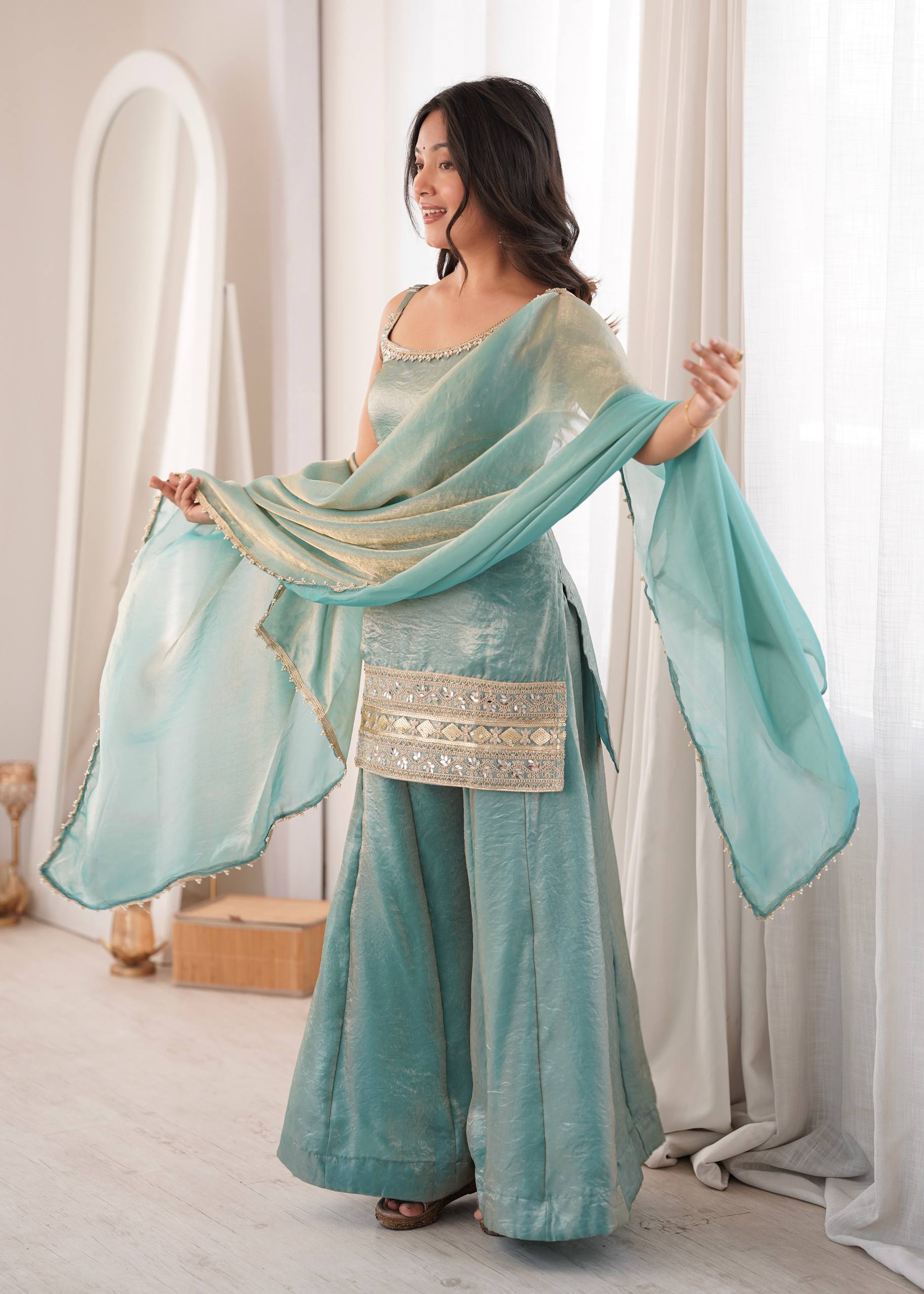Premium Doremon Crush Mirror Work Embroidered Kurta Palazzo Dupatta Set for Women