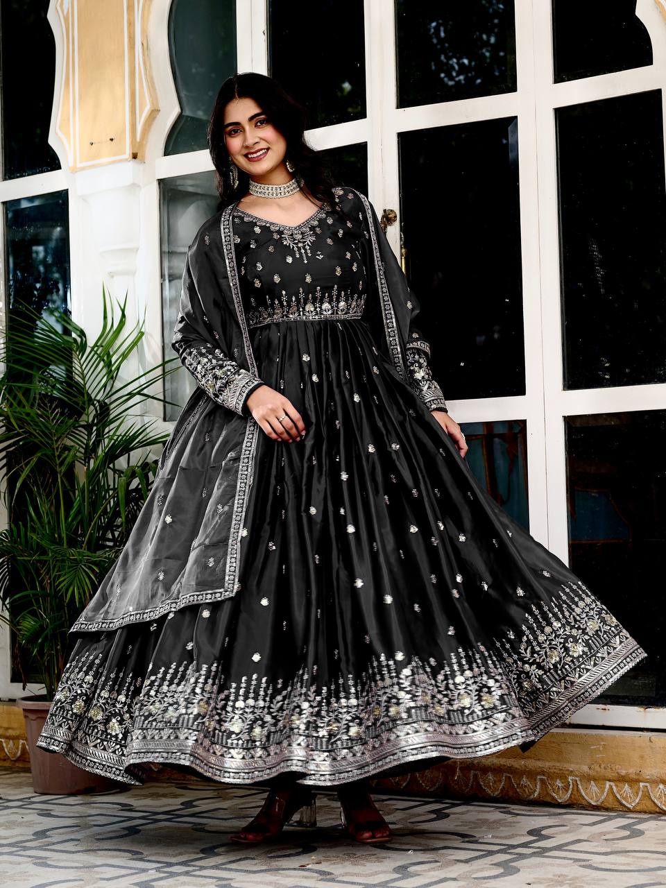 Women's American Silk Embroidered Gown Set with Pant and Dupatta