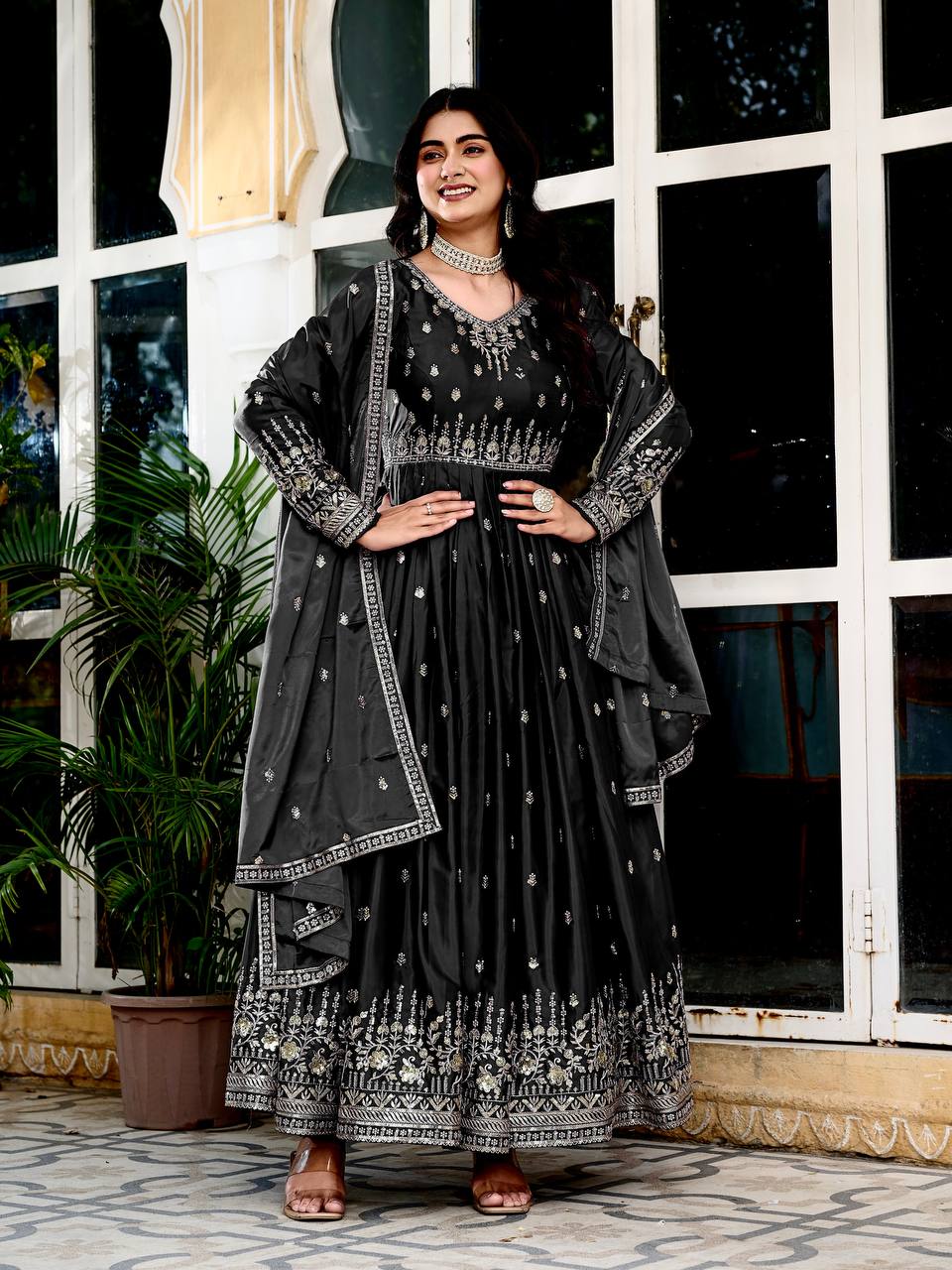 Women's American Silk Embroidered Gown Set with Pant and Dupatta