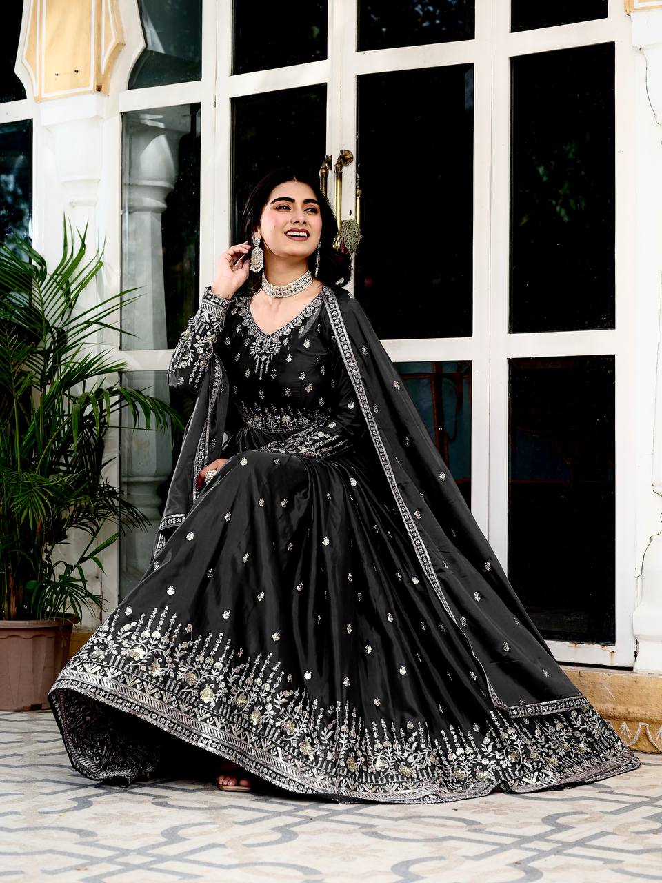 Women's American Silk Embroidered Gown Set with Pant and Dupatta
