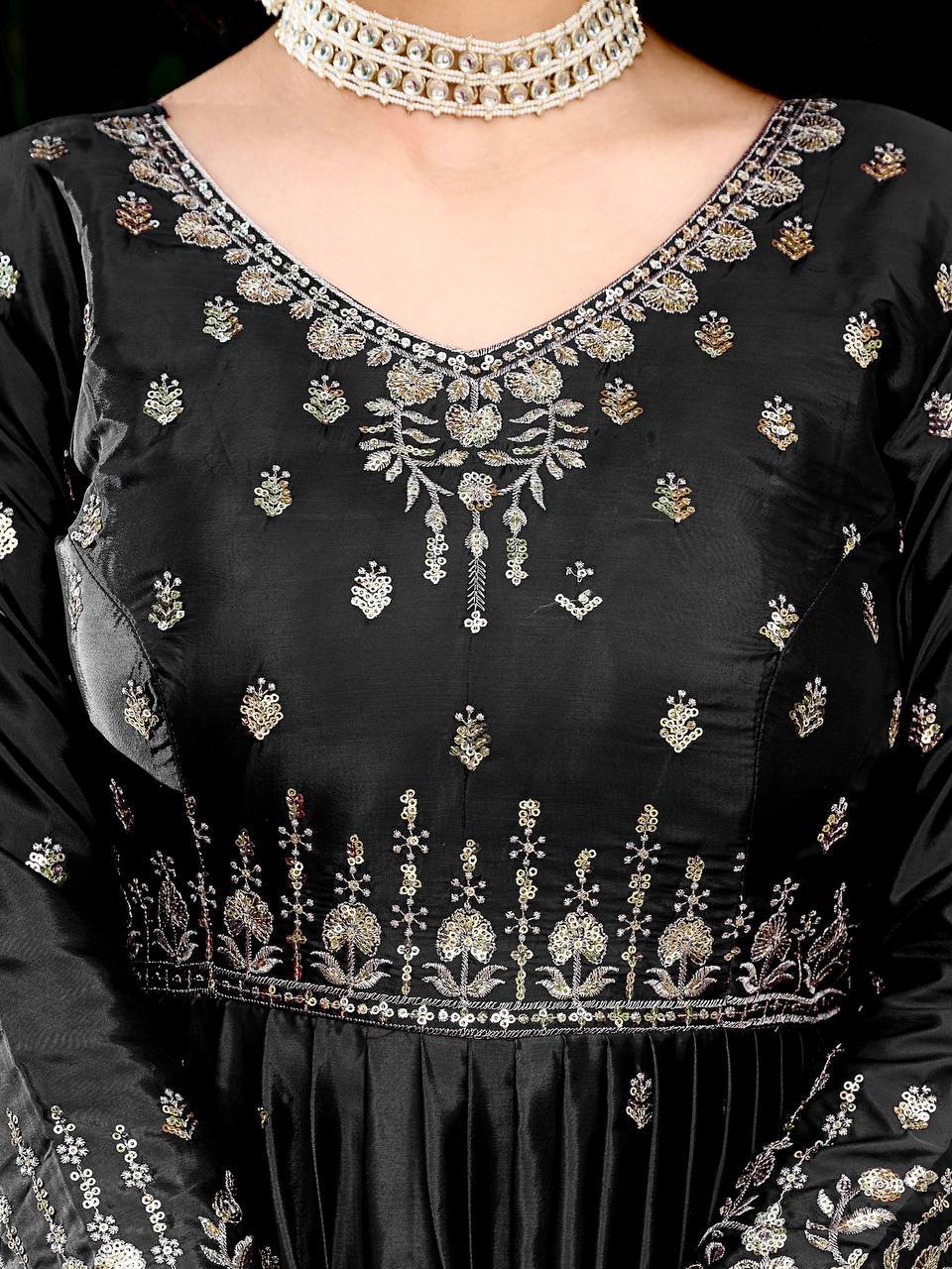 Women's American Silk Embroidered Gown Set with Pant and Dupatta