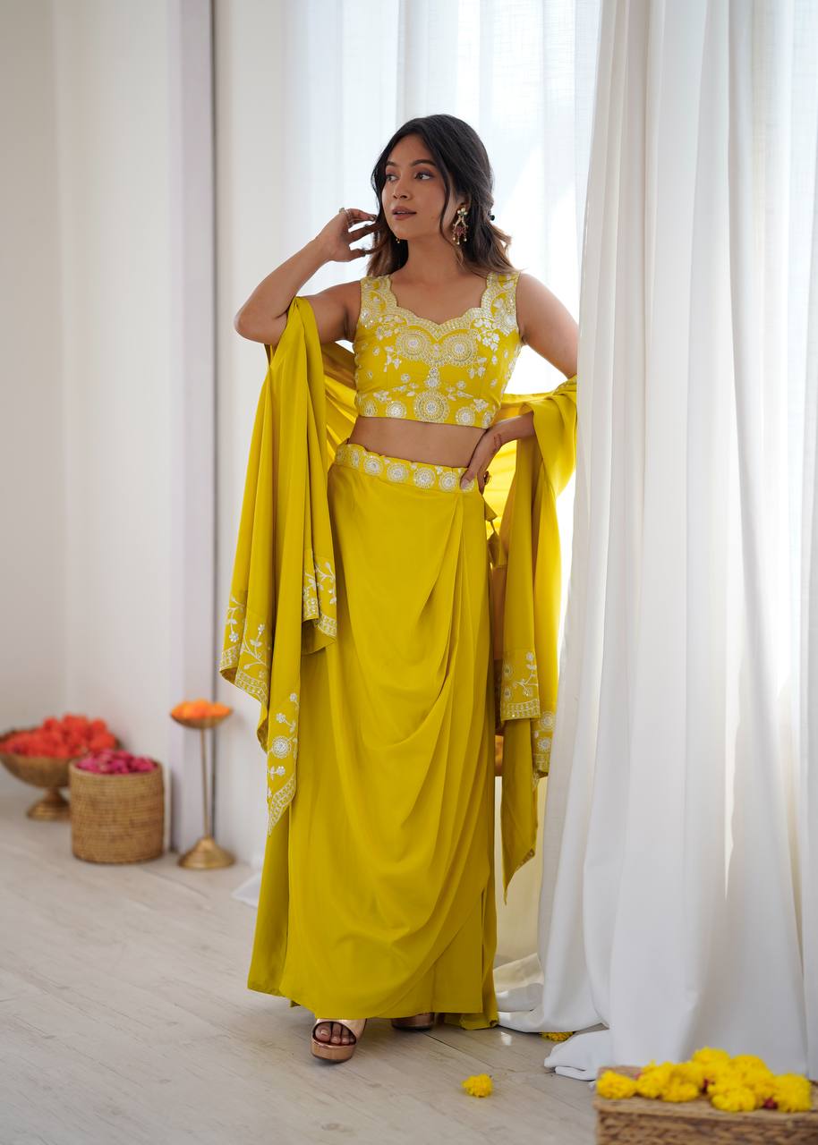 Women's French Crepe Embroidered Dhoti Set with Shrug and Choli