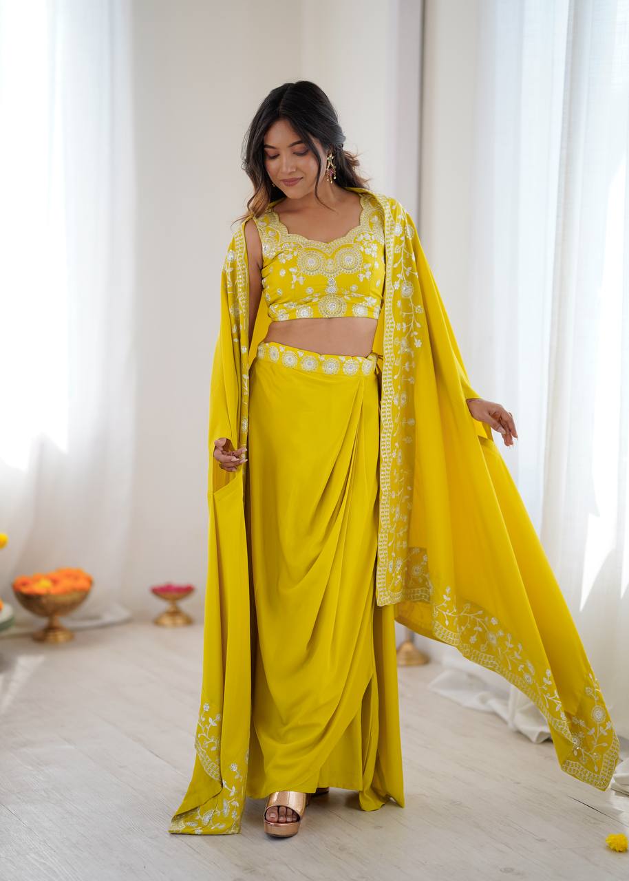 Women's French Crepe Embroidered Dhoti Set with Shrug and Choli