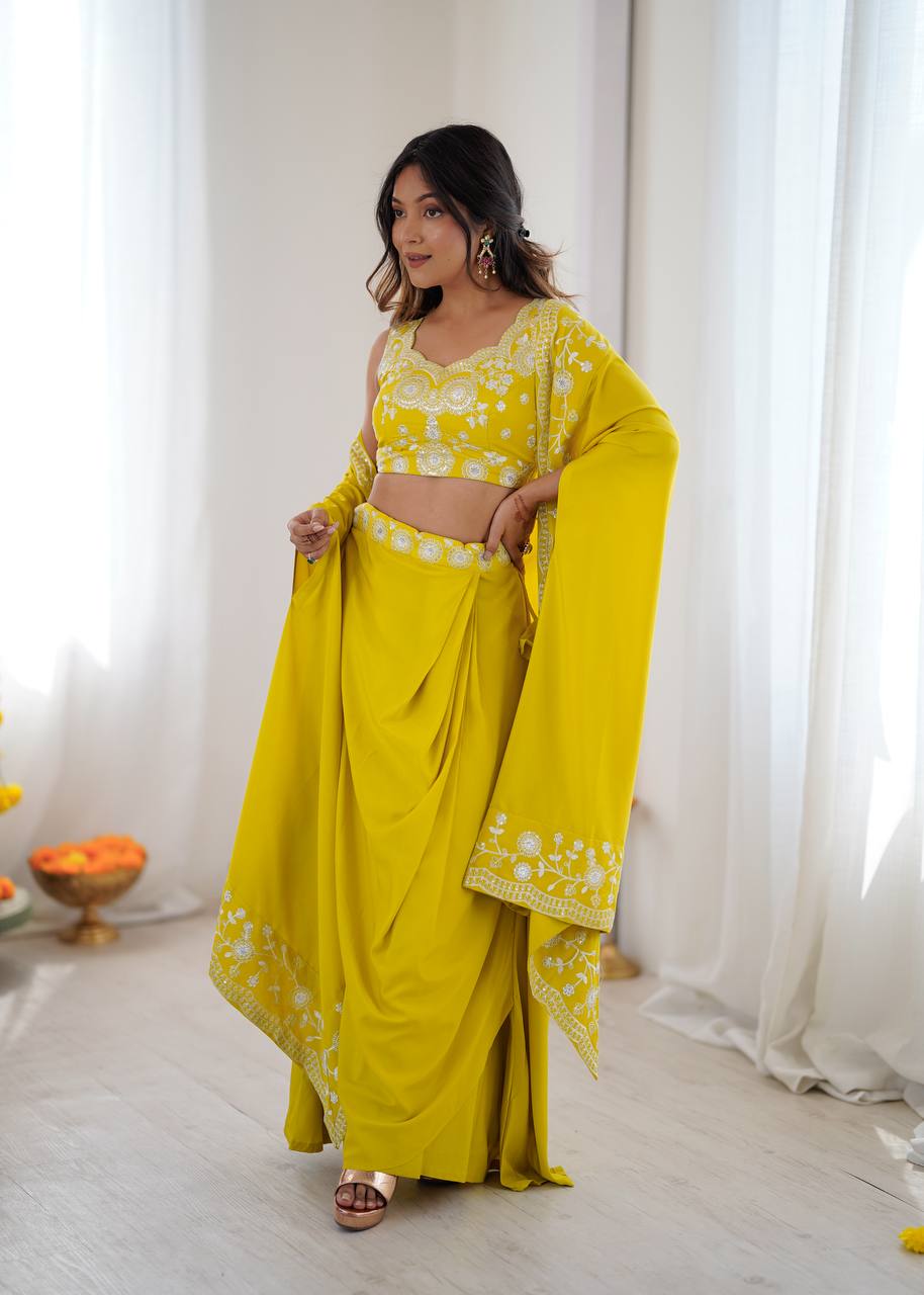 Women's French Crepe Embroidered Dhoti Set with Shrug and Choli