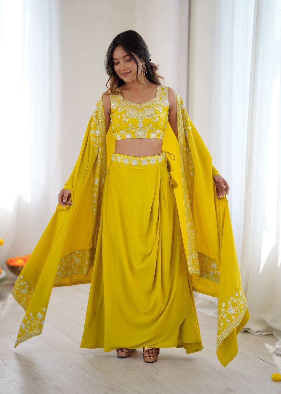 Women's French Crepe Embroidered Dhoti Set with Shrug and Choli