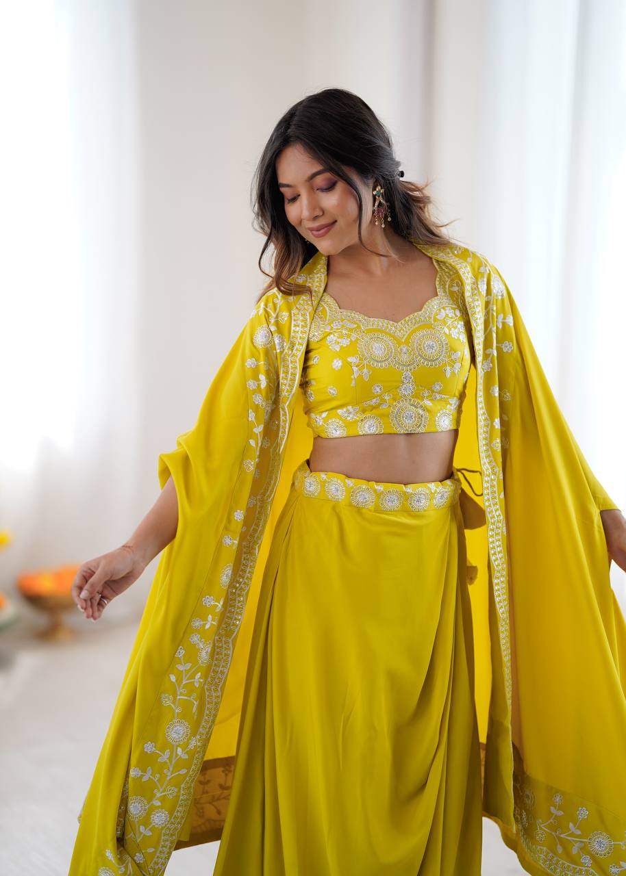 Women's French Crepe Embroidered Dhoti Set with Shrug and Choli