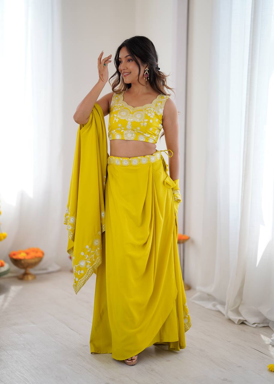 Women's French Crepe Embroidered Dhoti Set with Shrug and Choli