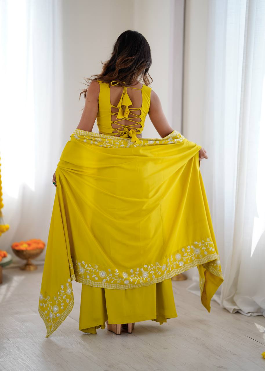 Women's French Crepe Embroidered Dhoti Set with Shrug and Choli