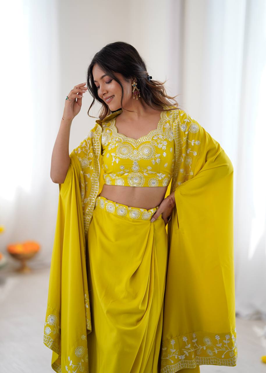 Women's French Crepe Embroidered Dhoti Set with Shrug and Choli