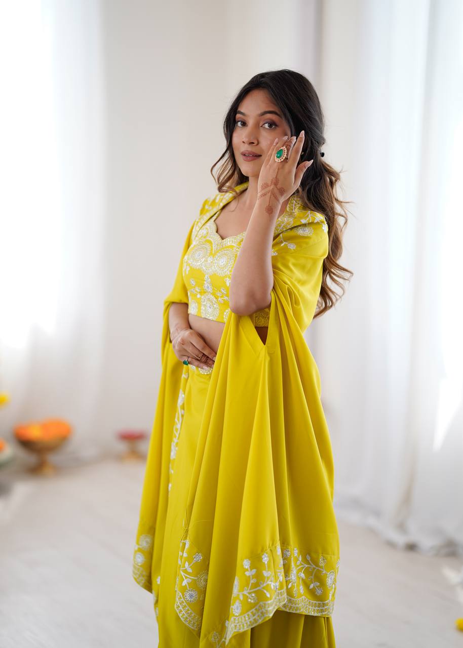 Women's French Crepe Embroidered Dhoti Set with Shrug and Choli
