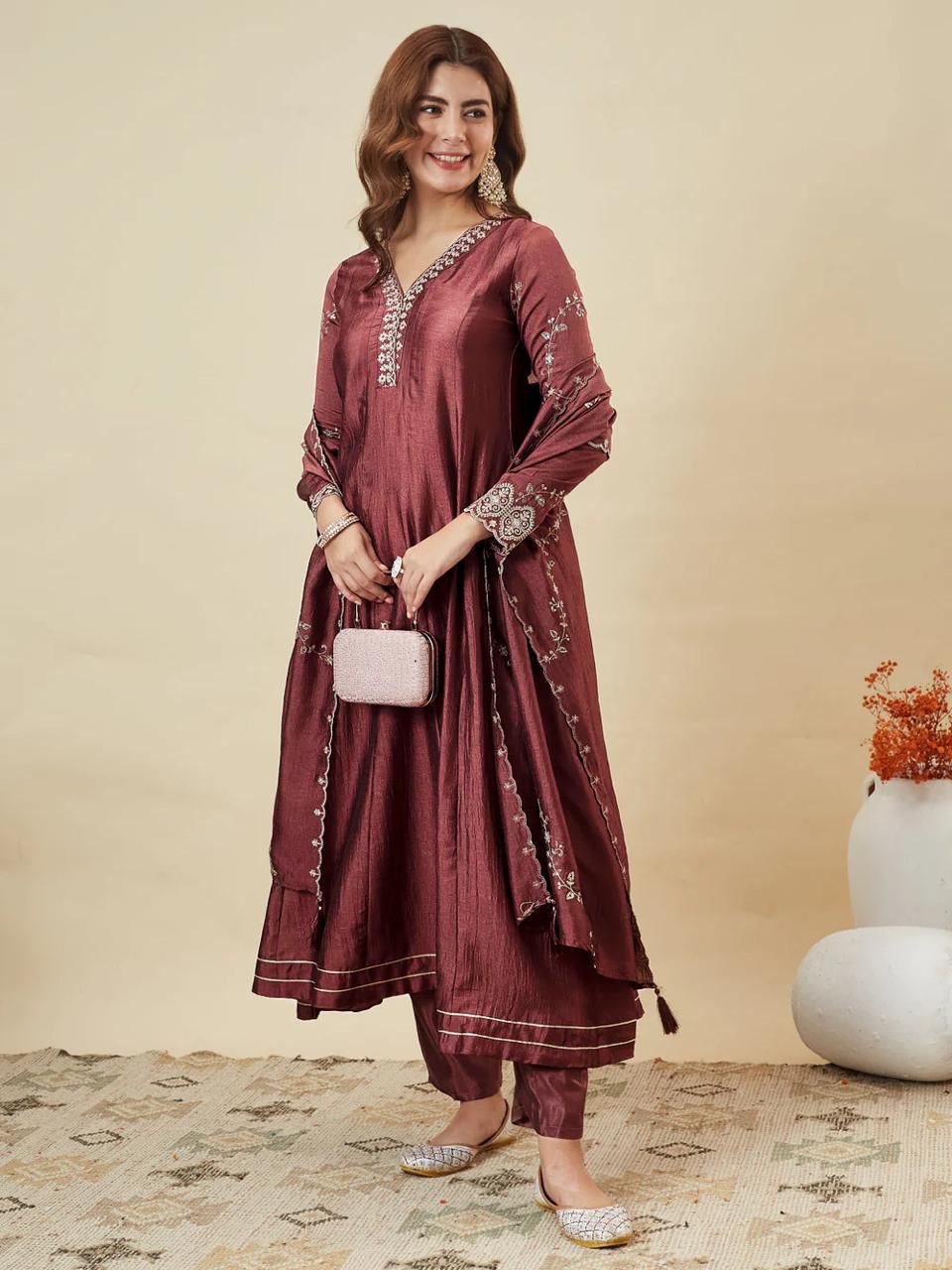 Trendy Vichitra Silk Embroidered Anarkali Kurti Pant Set with Dupatta