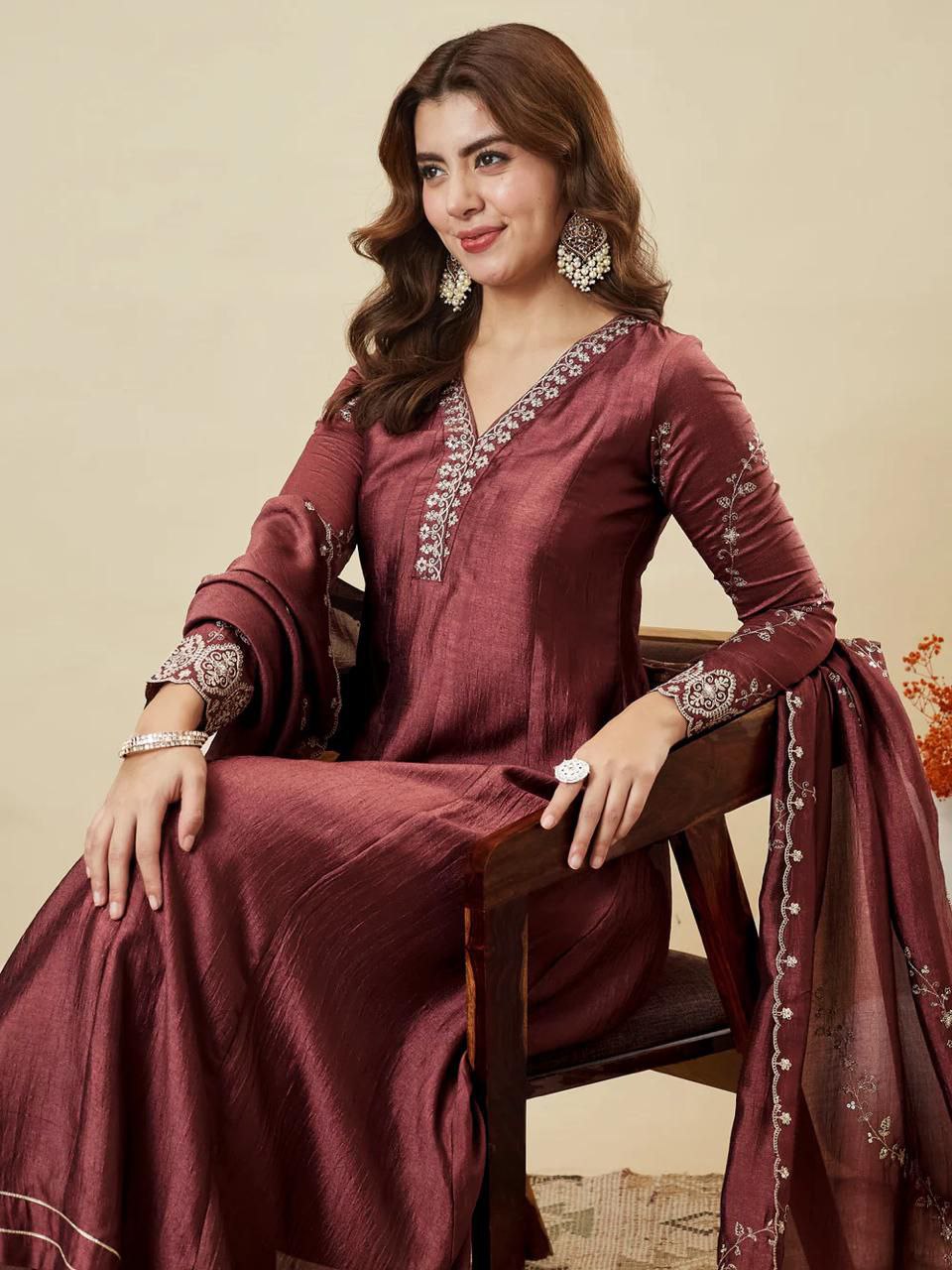 Trendy Vichitra Silk Embroidered Anarkali Kurti Pant Set with Dupatta