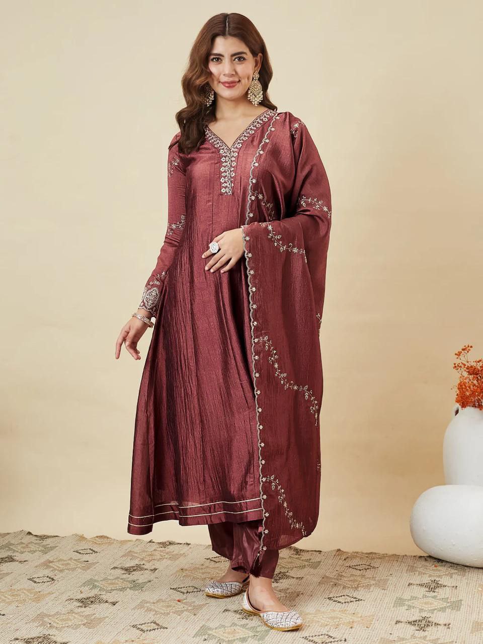 Trendy Vichitra Silk Embroidered Anarkali Kurti Pant Set with Dupatta